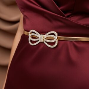 Luxury Thin Gold Belt with Rhinestone Bow Buckle for Evening Dresses