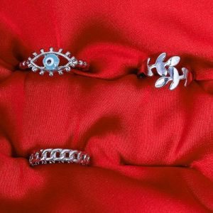 Aqua Eye Earing-Set Of Rings 3 Pcs Fluffy Women's Accessories-Silver