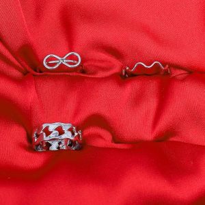 Bow Earing-Set Of Rings 3 Pcs Fluffy Women's Accessories-Silver