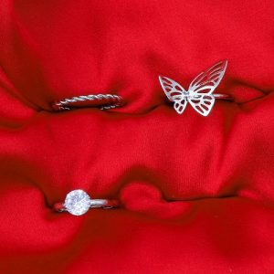 Butterfly Earing-Set Of Rings 3 Pcs Fluffy Women's Accessories-Silver