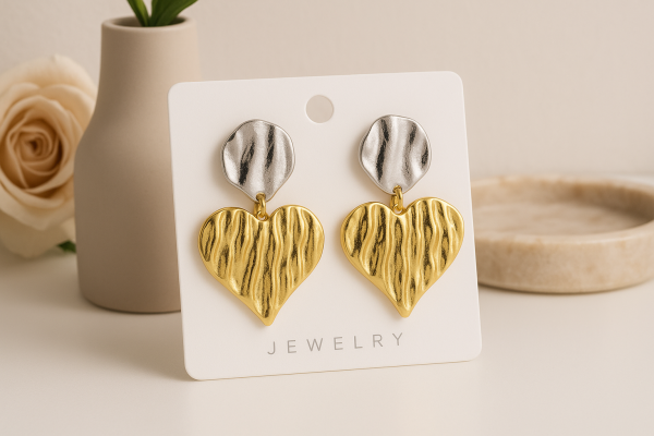 Dual Tone Heart Drop Earrings (Gold & Silver)