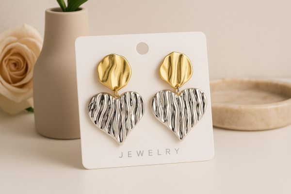 Dual Tone Heart Drop Earrings (Silver& Gold)