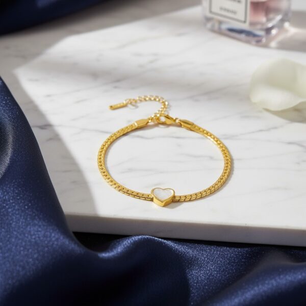 Women’s Bracelet Snake Chain White Heart Charm - Image 2