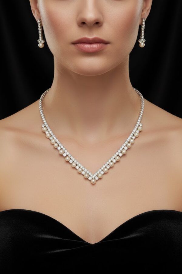 Luxury Women’s Crystal & Pearl V-Shape Jewelry Set – Elegant Design - Image 2